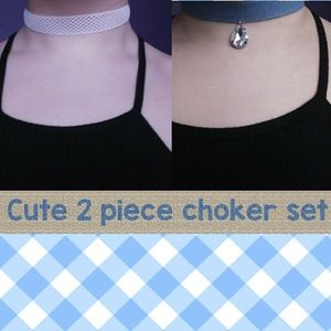 Two choker necklaces bling pendant + white mesh